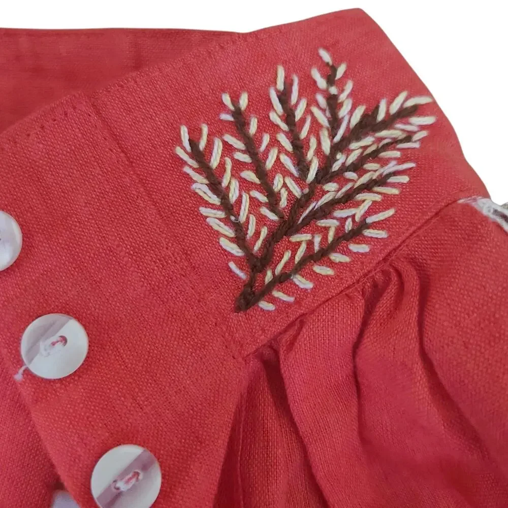 HILOS DE SOL Dalia Mexican embroidered linen lace belted red dress Size S M NEW - Picture 5 of 9
